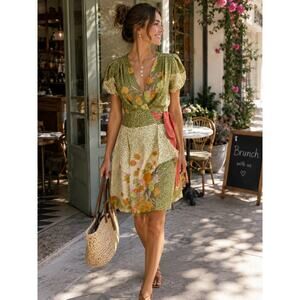 Baraschi 100% Silk Floral Wrap Dress Green Polka Dot Boho Small